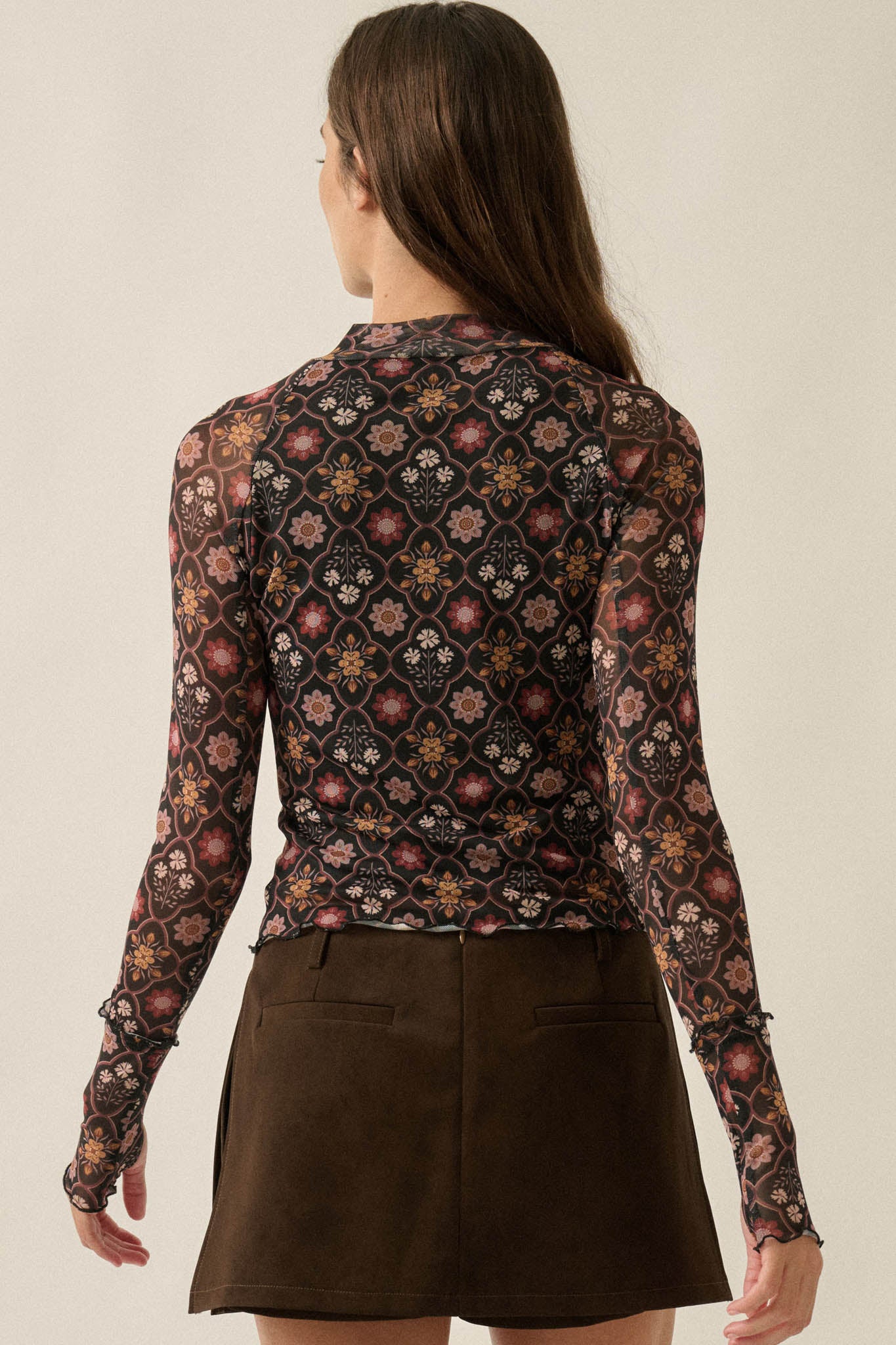 Jewel Box Floral Mesh Mock-Neck Thumbhole Top - ShopPromesa