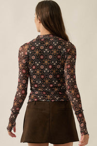 Jewel Box Floral Mesh Mock-Neck Thumbhole Top - ShopPromesa