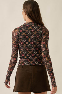 Jewel Box Floral Mesh Mock-Neck Thumbhole Top - ShopPromesa