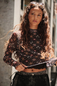 Jewel Box Floral Mesh Mock-Neck Thumbhole Top - ShopPromesa