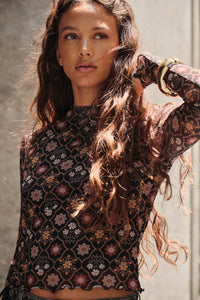 Jewel Box Floral Mesh Mock-Neck Thumbhole Top - ShopPromesa
