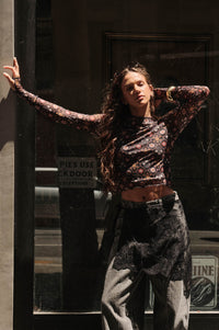 Jewel Box Floral Mesh Mock-Neck Thumbhole Top - ShopPromesa