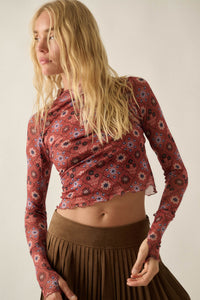 Jewel Box Floral Mesh Mock-Neck Thumbhole Top - ShopPromesa