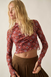 Jewel Box Floral Mesh Mock-Neck Thumbhole Top - ShopPromesa