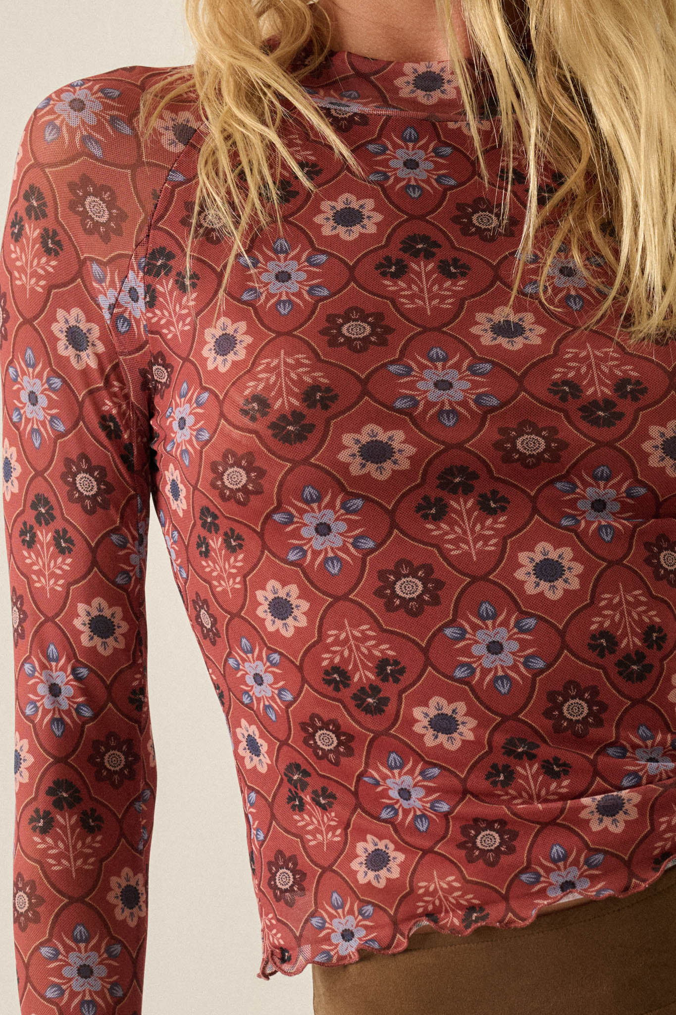 Jewel Box Floral Mesh Mock-Neck Thumbhole Top - ShopPromesa