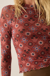 Jewel Box Floral Mesh Mock-Neck Thumbhole Top - ShopPromesa
