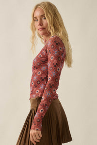 Jewel Box Floral Mesh Mock-Neck Thumbhole Top - ShopPromesa