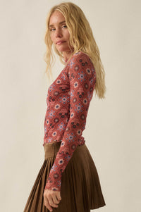 Jewel Box Floral Mesh Mock-Neck Thumbhole Top - ShopPromesa