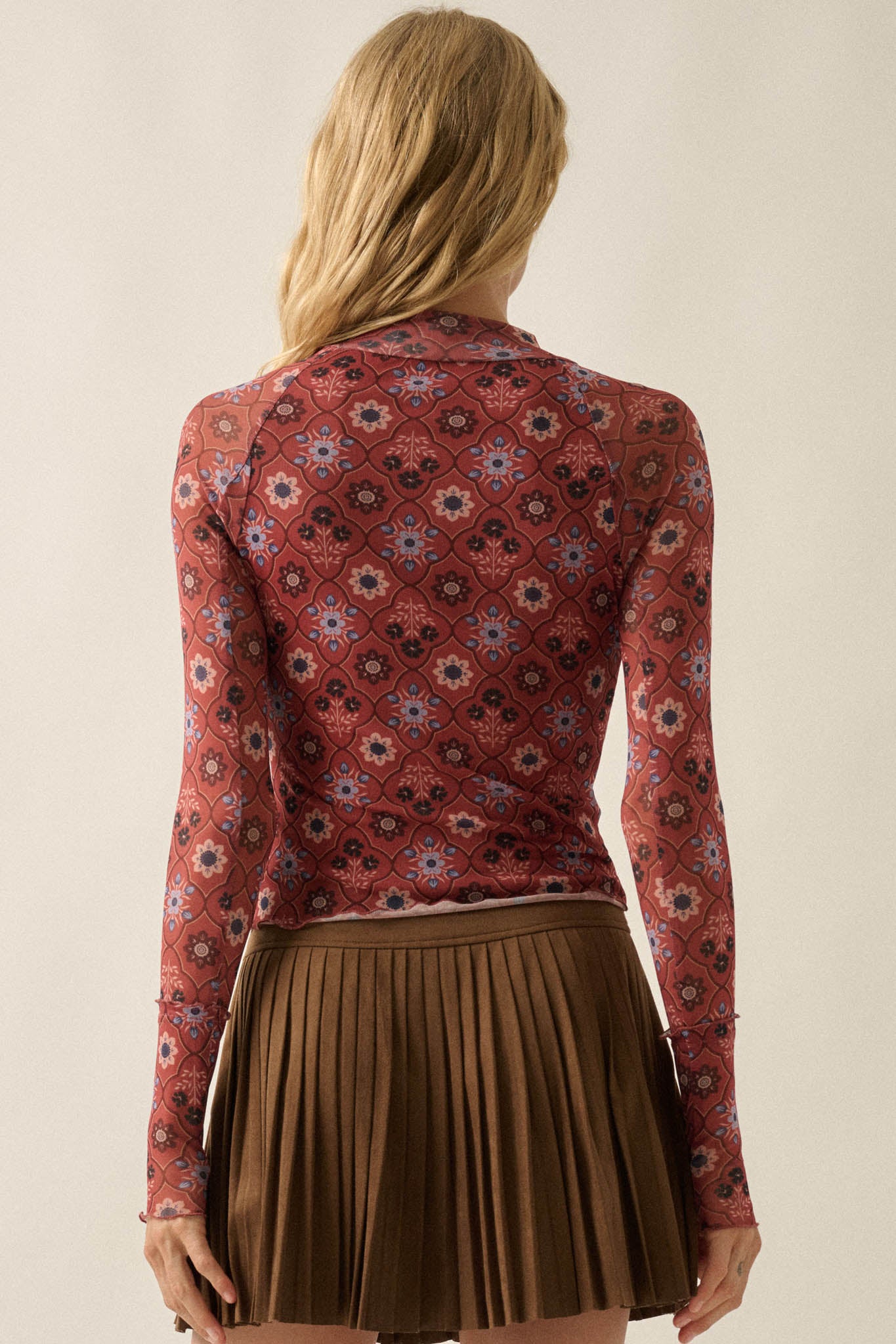 Jewel Box Floral Mesh Mock-Neck Thumbhole Top - ShopPromesa