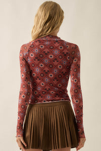 Jewel Box Floral Mesh Mock-Neck Thumbhole Top - ShopPromesa