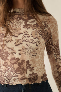 Cafe Garden Floral Mesh Mock-Neck Thumbhole Top - ShopPromesa