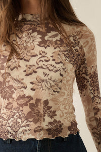 Cafe Garden Floral Mesh Mock-Neck Thumbhole Top - ShopPromesa