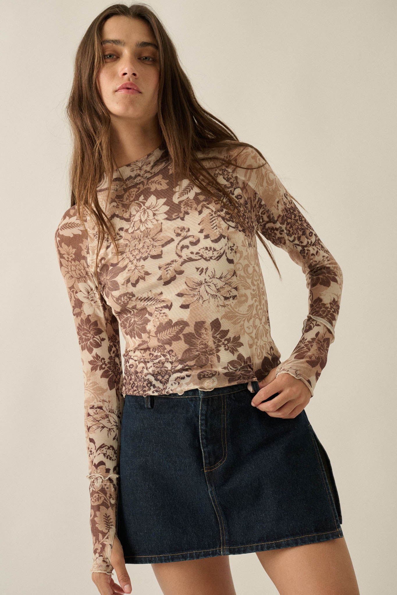 Cafe Garden Floral Mesh Mock-Neck Thumbhole Top - ShopPromesa