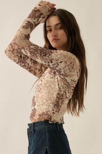 Cafe Garden Floral Mesh Mock-Neck Thumbhole Top - ShopPromesa