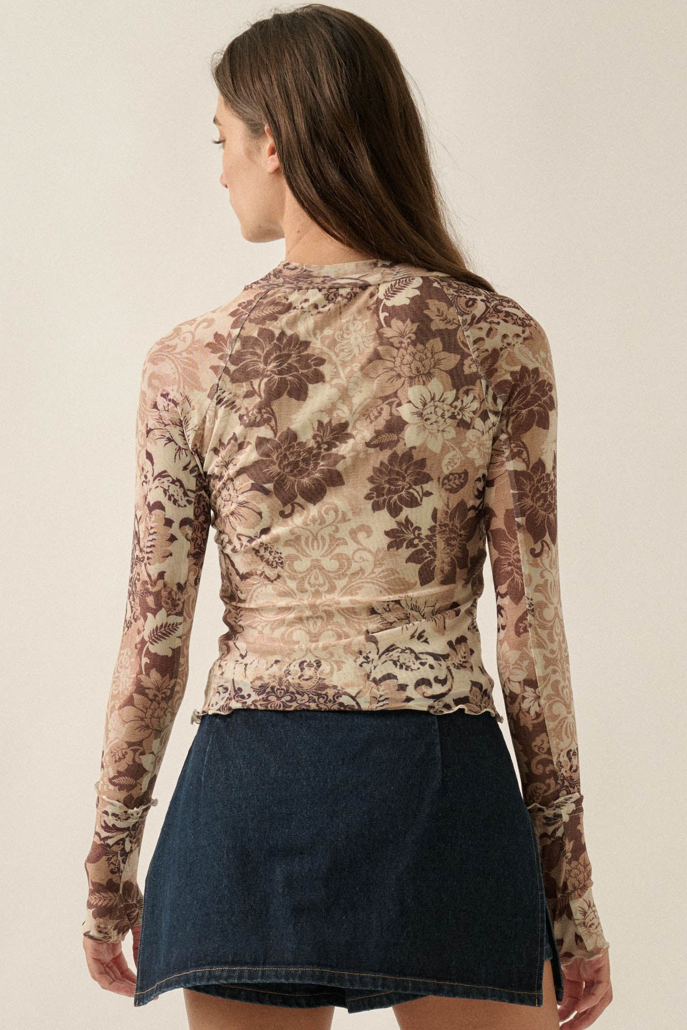 Cafe Garden Floral Mesh Mock-Neck Thumbhole Top - ShopPromesa