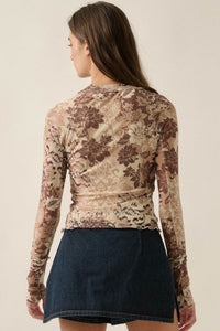 Cafe Garden Floral Mesh Mock-Neck Thumbhole Top - ShopPromesa