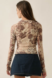 Cafe Garden Floral Mesh Mock-Neck Thumbhole Top - ShopPromesa