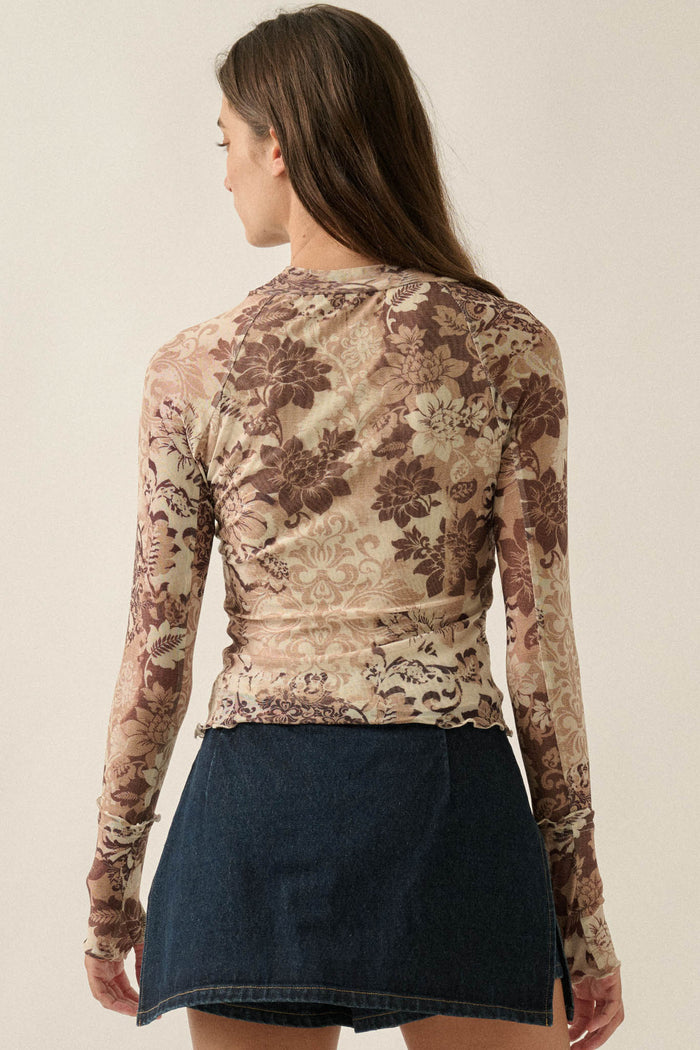 Cafe Garden Floral Mesh Mock-Neck Thumbhole Top - ShopPromesa