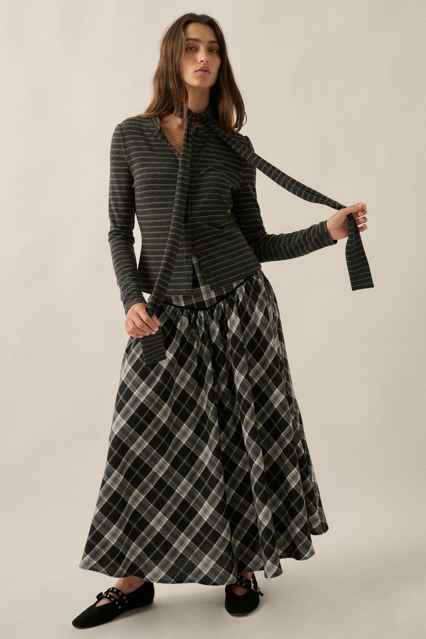 Edge of Forever Pinstripe Button-Up Top and Scarf - ShopPromesa