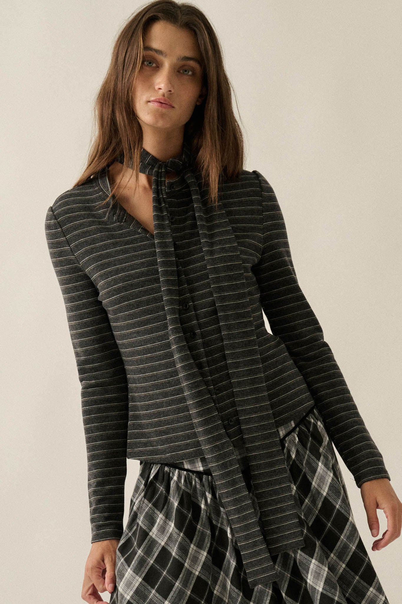Edge of Forever Pinstripe Button-Up Top and Scarf - ShopPromesa