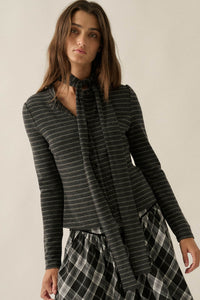 Edge of Forever Pinstripe Button-Up Top and Scarf - ShopPromesa