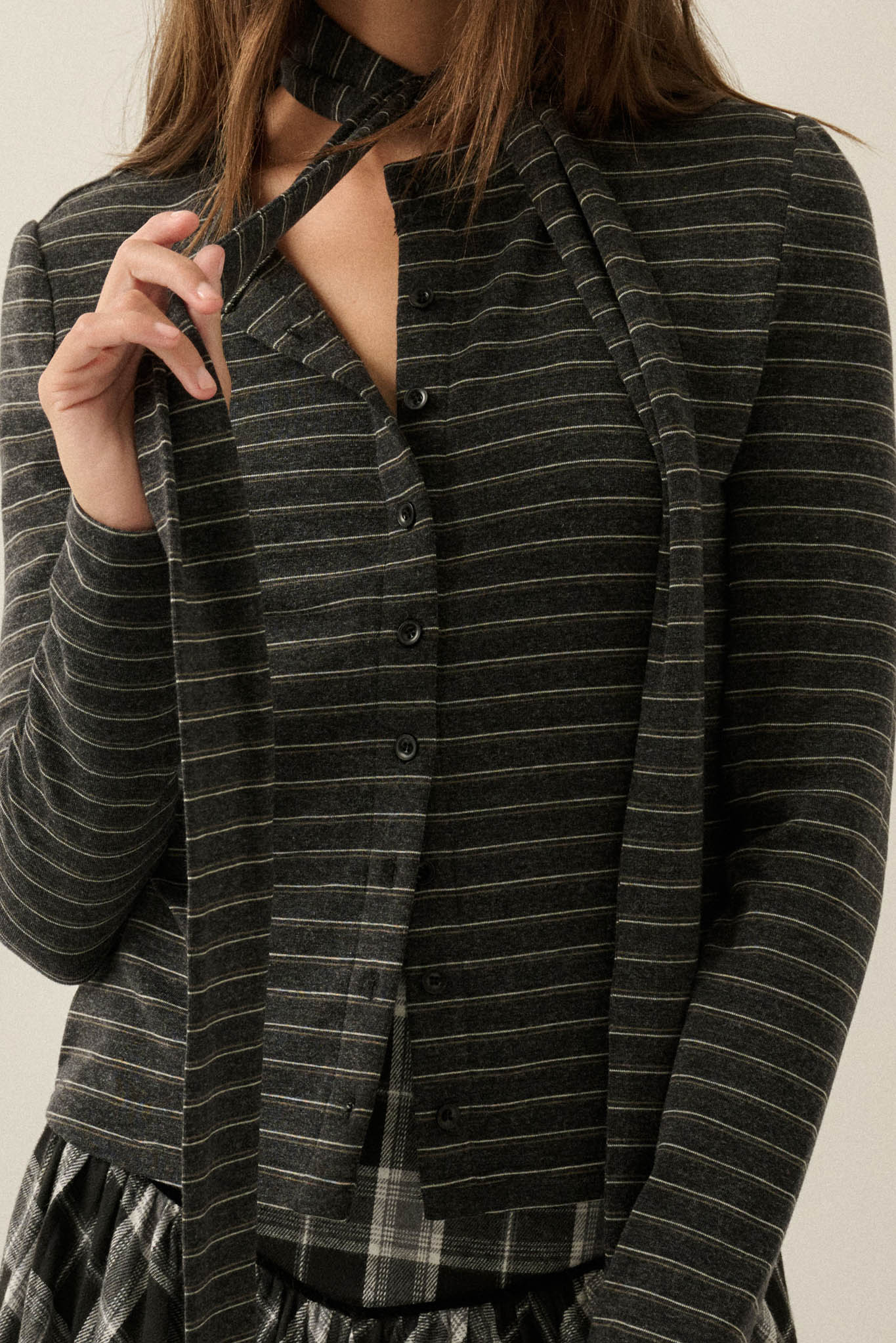 Edge of Forever Pinstripe Button-Up Top and Scarf - ShopPromesa
