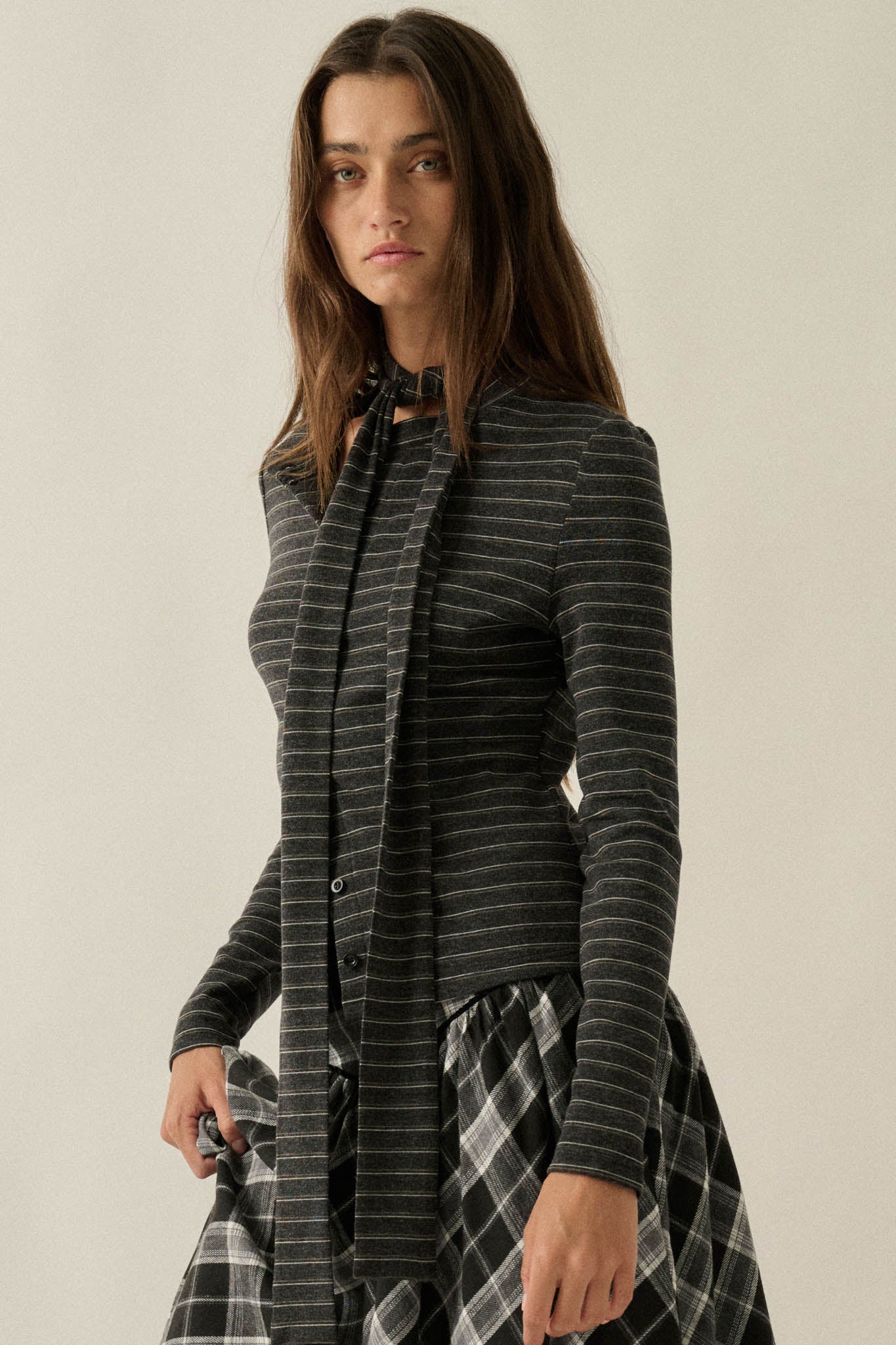 Edge of Forever Pinstripe Button-Up Top and Scarf - ShopPromesa