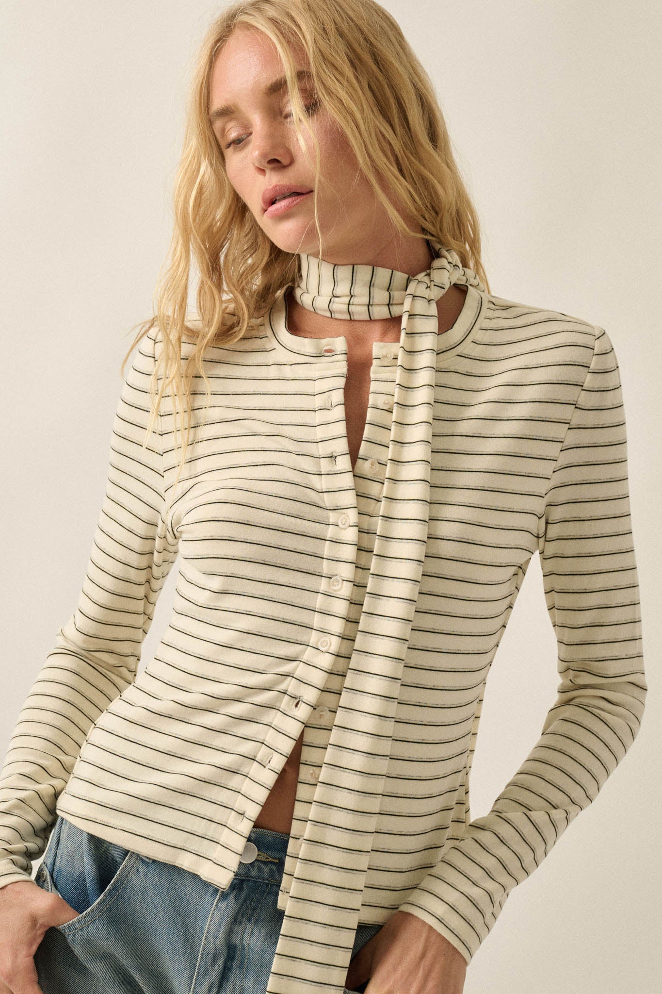 Edge of Forever Pinstripe Button-Up Top and Scarf - ShopPromesa