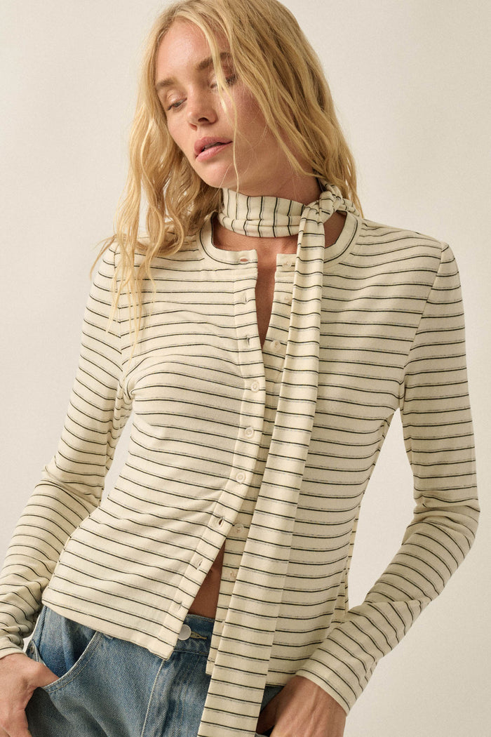 Edge of Forever Pinstripe Button-Up Top and Scarf - ShopPromesa