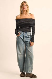 On the Edge Pinstripe Off-Shoulder Foldover Bodysuit - ShopPromesa