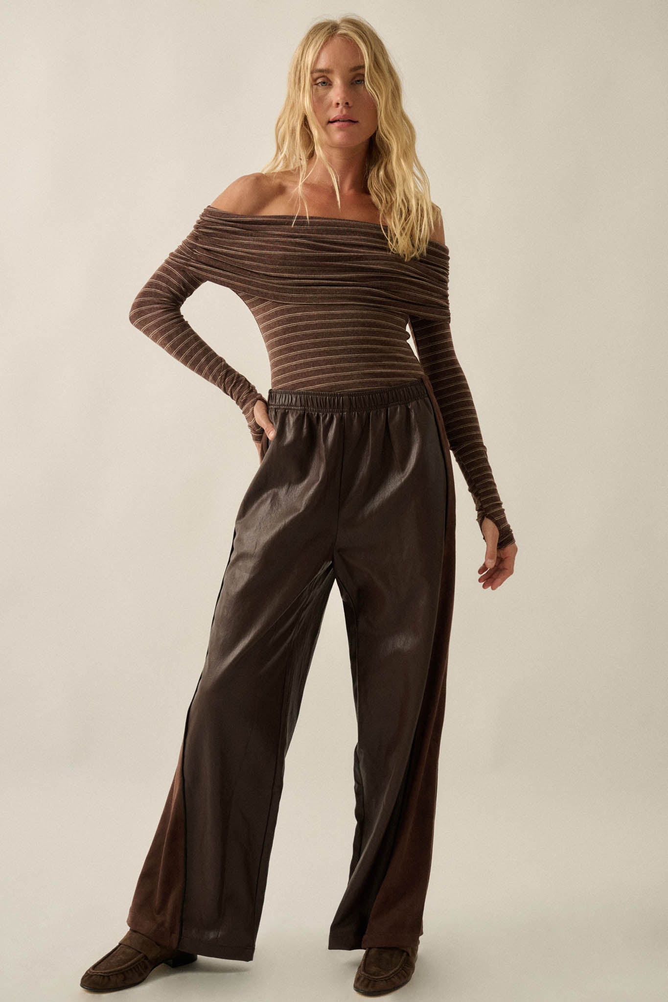 On the Edge Pinstripe Off-Shoulder Foldover Bodysuit - ShopPromesa