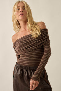 On the Edge Pinstripe Off-Shoulder Foldover Bodysuit - ShopPromesa