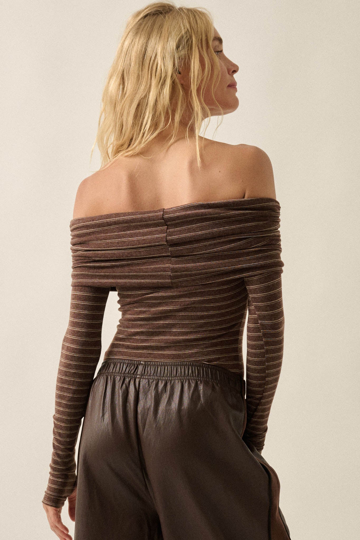 On the Edge Pinstripe Off-Shoulder Foldover Bodysuit - ShopPromesa