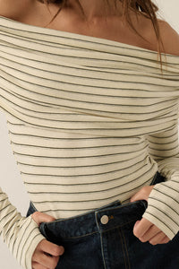 On the Edge Pinstripe Off-Shoulder Foldover Bodysuit - ShopPromesa