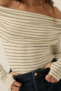 On the Edge Pinstripe Off-Shoulder Foldover Bodysuit - ShopPromesa