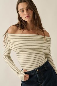 On the Edge Pinstripe Off-Shoulder Foldover Bodysuit - ShopPromesa