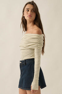 On the Edge Pinstripe Off-Shoulder Foldover Bodysuit - ShopPromesa