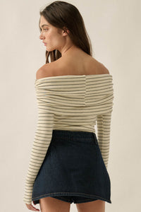 On the Edge Pinstripe Off-Shoulder Foldover Bodysuit - ShopPromesa