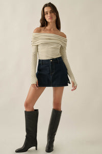 On the Edge Pinstripe Off-Shoulder Foldover Bodysuit - ShopPromesa