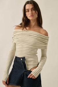 On the Edge Pinstripe Off-Shoulder Foldover Bodysuit - ShopPromesa