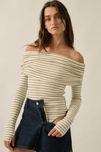 On the Edge Pinstripe Off-Shoulder Foldover Bodysuit - ShopPromesa