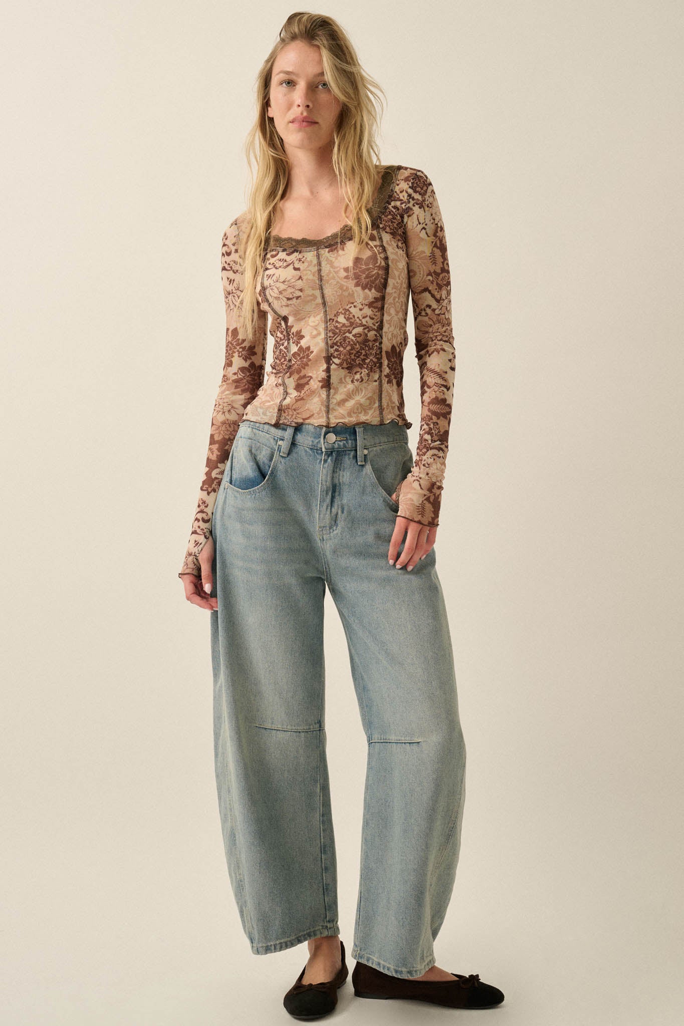 Mocha Meadow Floral Mesh Scoop-Neck Thumbhole Top - ShopPromesa