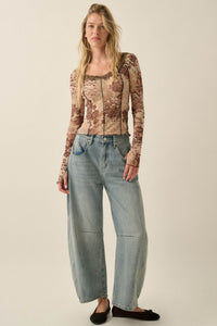 Mocha Meadow Floral Mesh Scoop-Neck Thumbhole Top - ShopPromesa