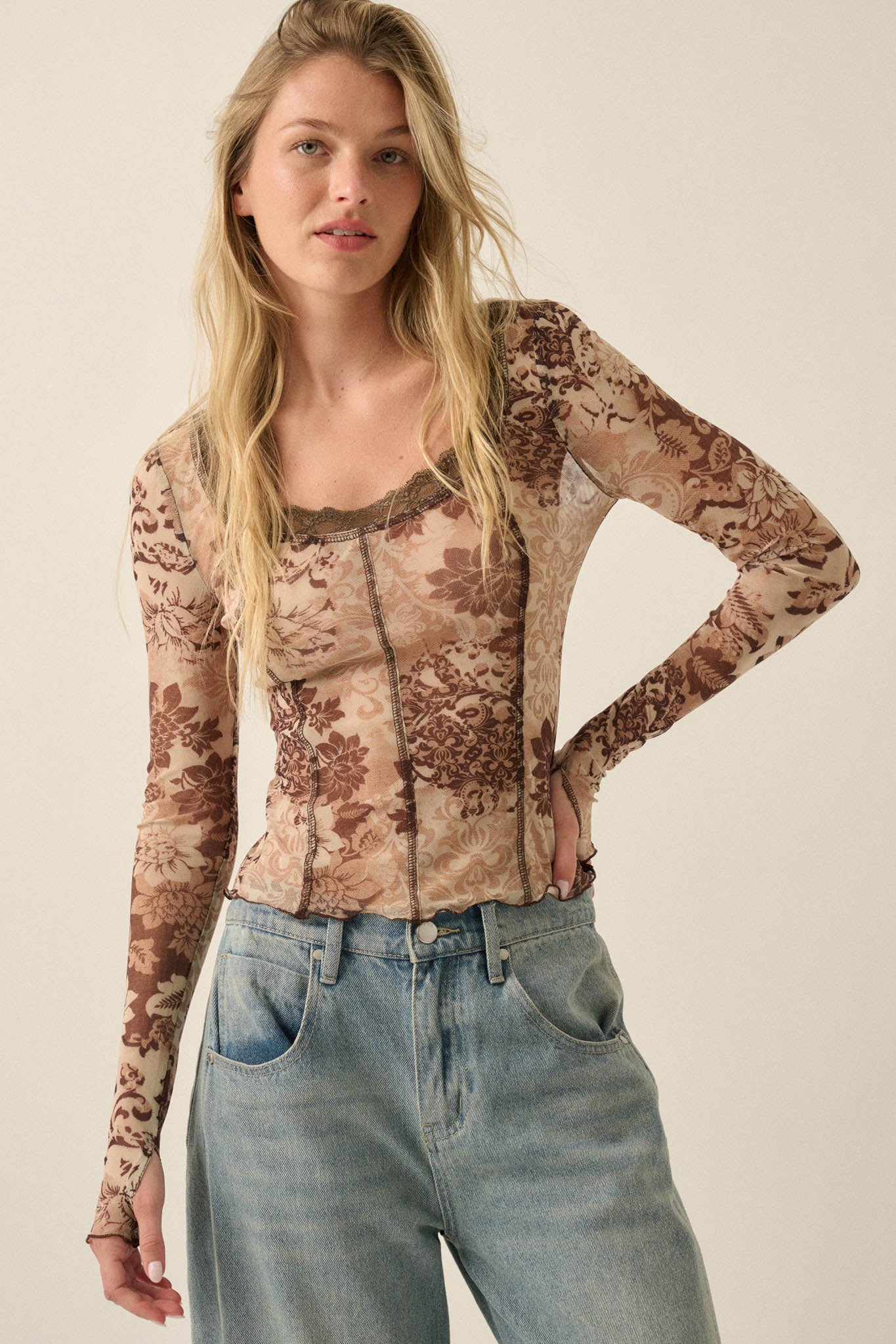 Mocha Meadow Floral Mesh Scoop-Neck Thumbhole Top - ShopPromesa