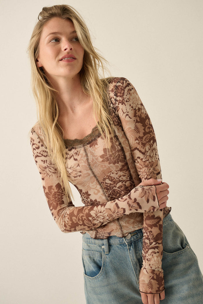 Mocha Meadow Floral Mesh Scoop-Neck Thumbhole Top - ShopPromesa
