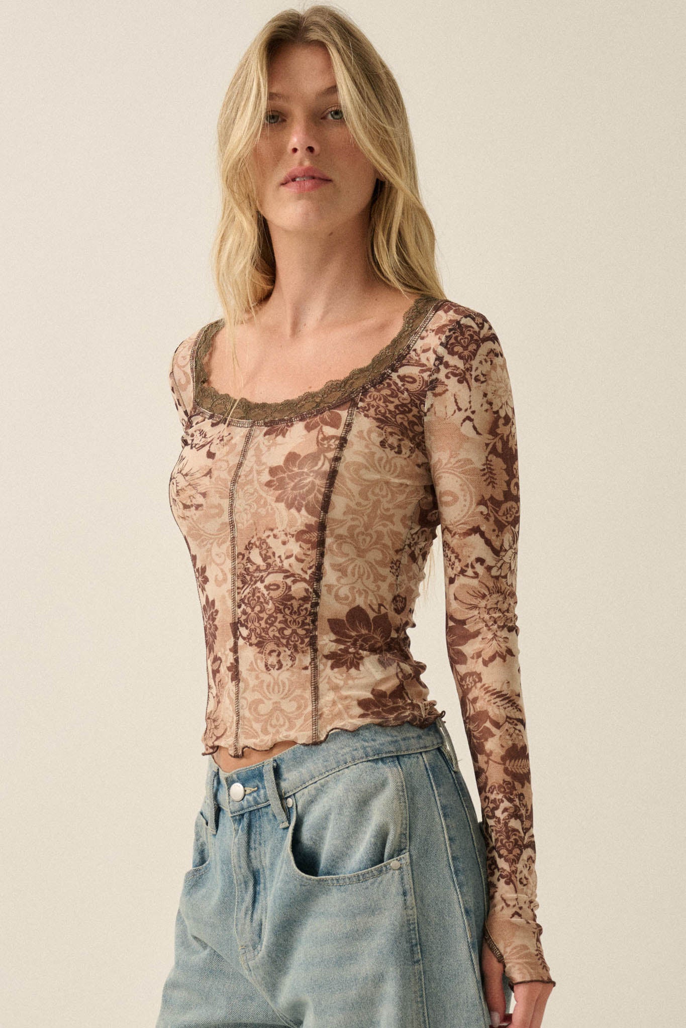 Mocha Meadow Floral Mesh Scoop-Neck Thumbhole Top - ShopPromesa