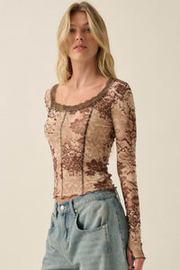 Mocha Meadow Floral Mesh Scoop-Neck Thumbhole Top - ShopPromesa