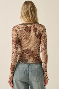 Mocha Meadow Floral Mesh Scoop-Neck Thumbhole Top - ShopPromesa