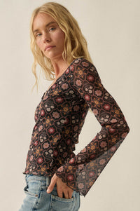 Rare Jewels Floral Mesh Scoop-Neck Bell-Sleeve Top - ShopPromesa