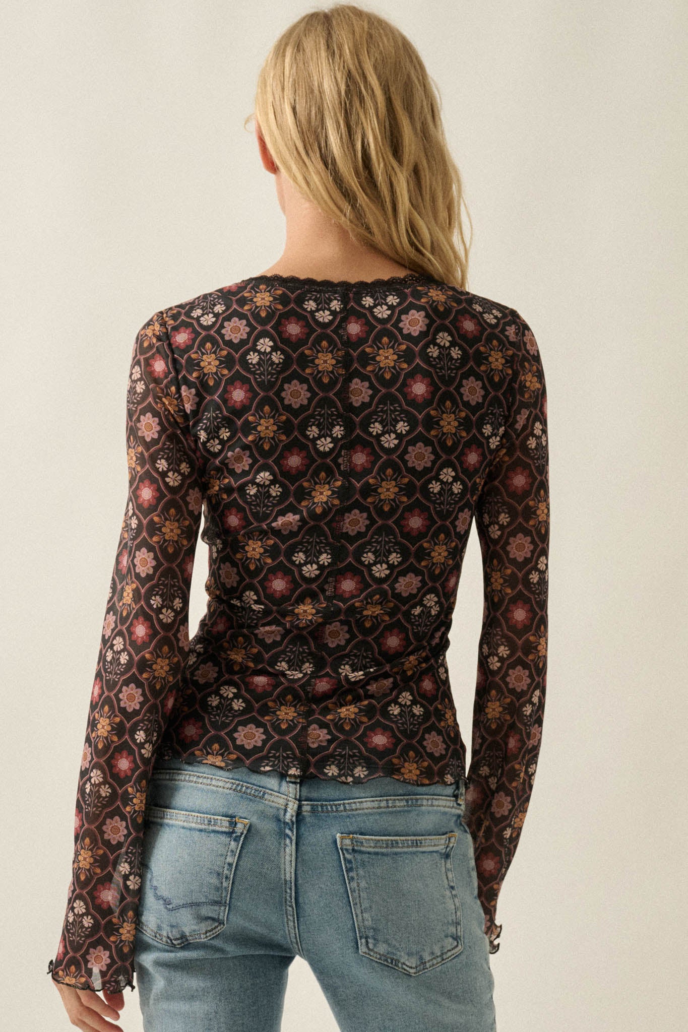 Rare Jewels Floral Mesh Scoop-Neck Bell-Sleeve Top - ShopPromesa